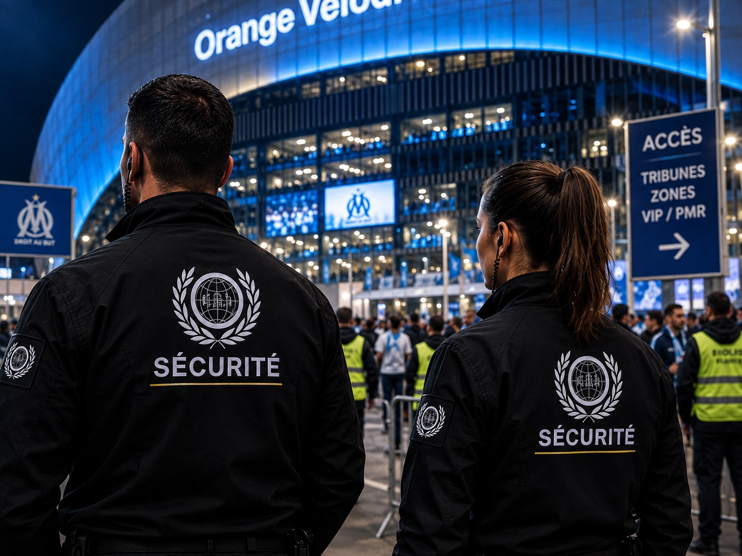 Agent de sécurité encadrant les supporters à l'entrée d'un stade