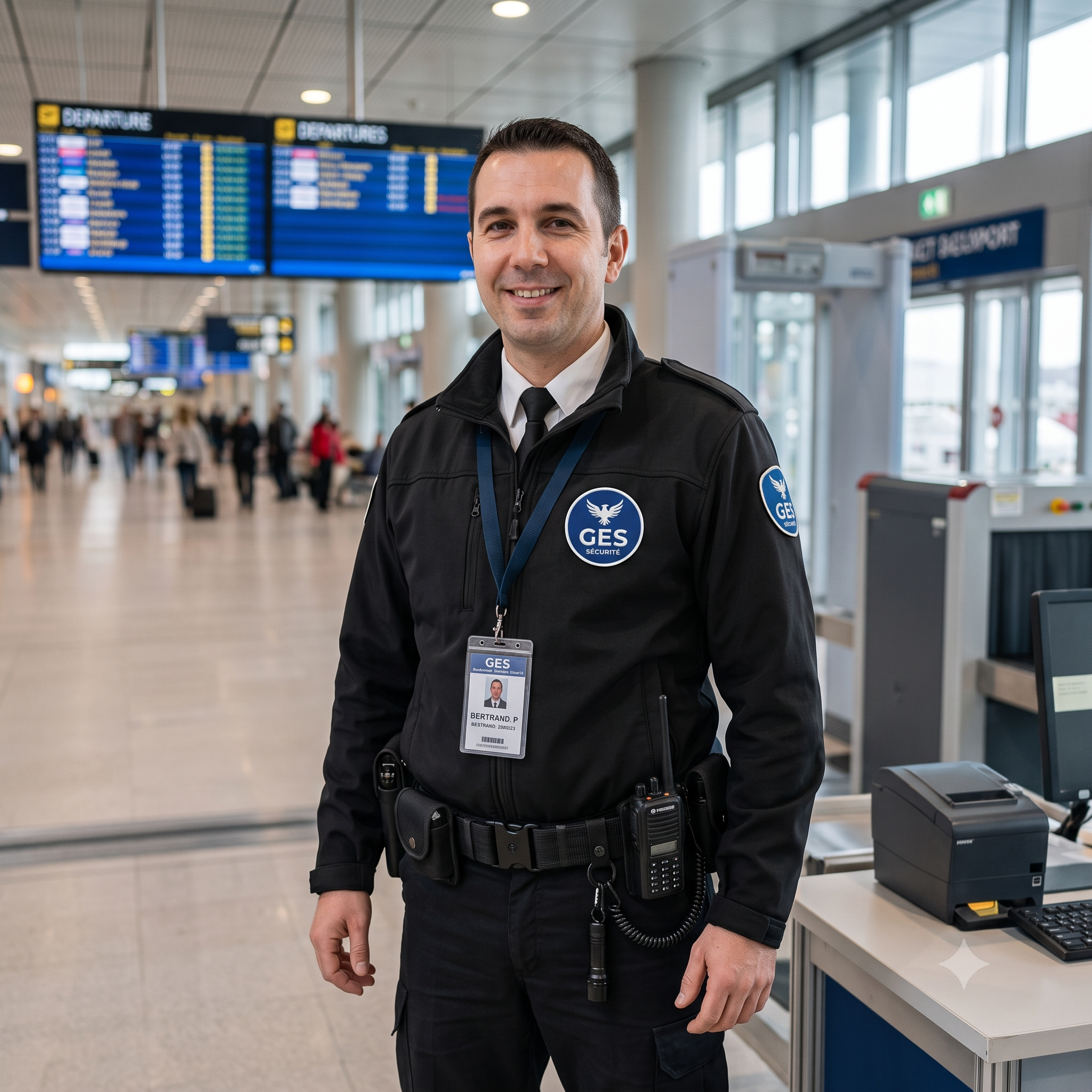 Agent Global Élite Sécurité en poste dans un aéroport