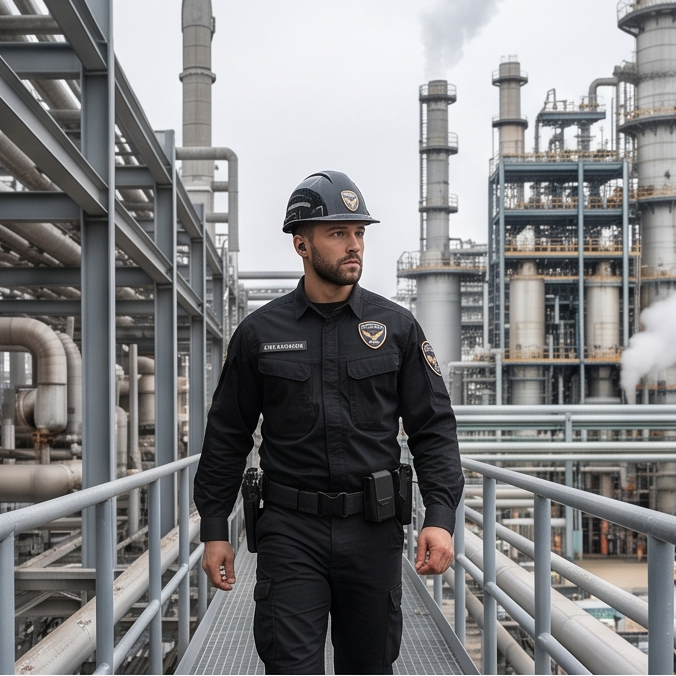 Agent Global Élite Sécurité en ronde sur un site industriel