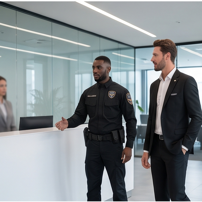 Agent Global Élite Sécurité en accueil dans un espace tertiaire