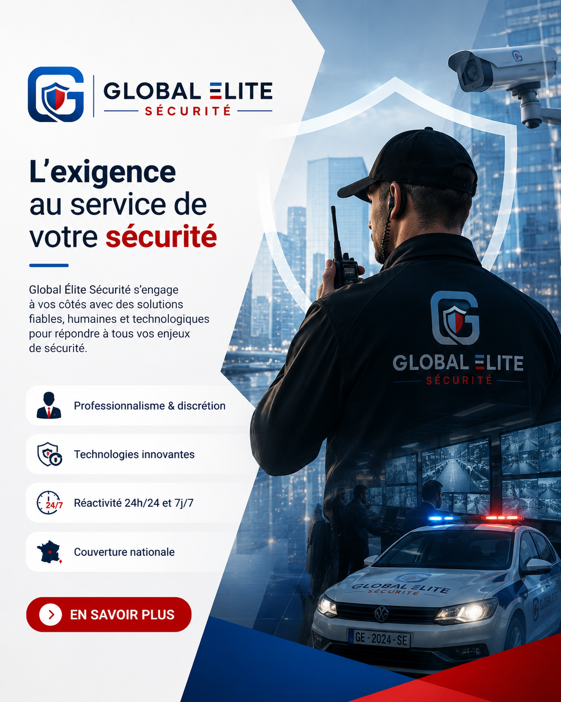 Agent Global Élite Sécurité en supervision, skyline urbain et caméra de vidéosurveillance